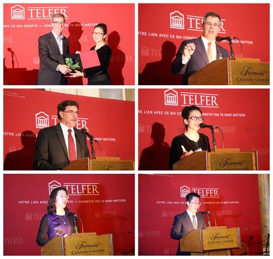 左上:我院副院长刘静艳教授向渥太华市长Jim Watson赠送纪念品 右上:渥太华大学副校长Monsieur Louis de Melo讲话 左中:渥太华大学Telfer管理学院院长Monsieur François Julie讲话 右中:我院副院长刘静艳教授讲话 左下:我院EMBA学生代表容海明发言 右下:我院EMBA学生代表罗毅发言